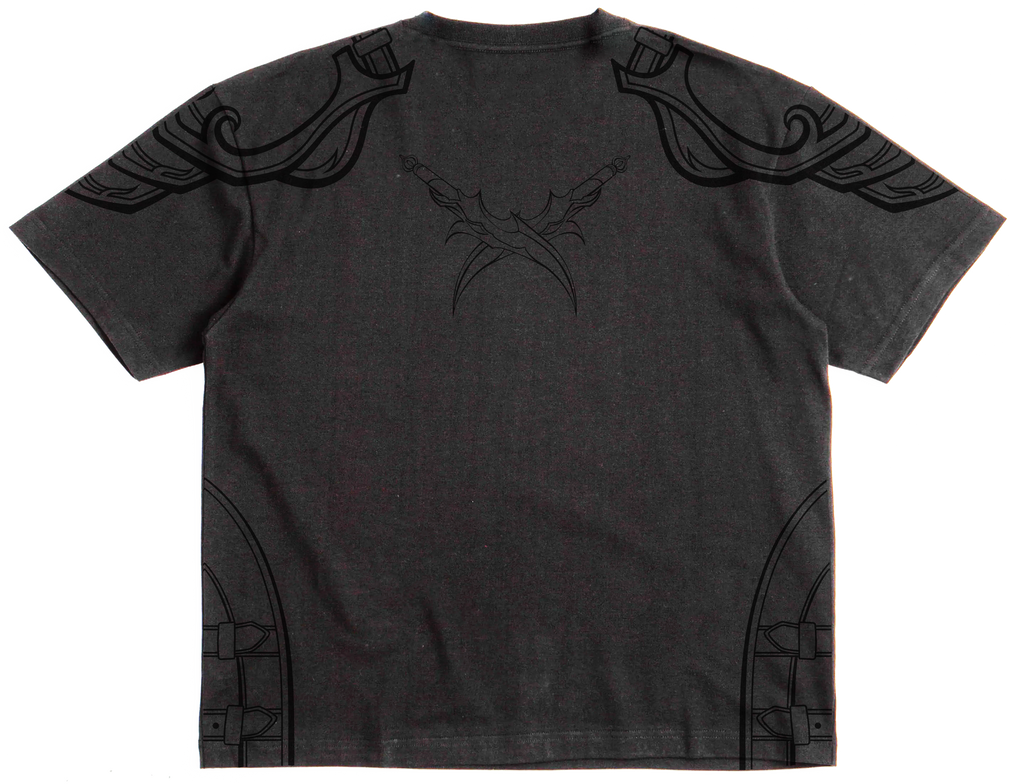 Black t-shirt with Black shoulder and sleeve embroidery and screen printing
