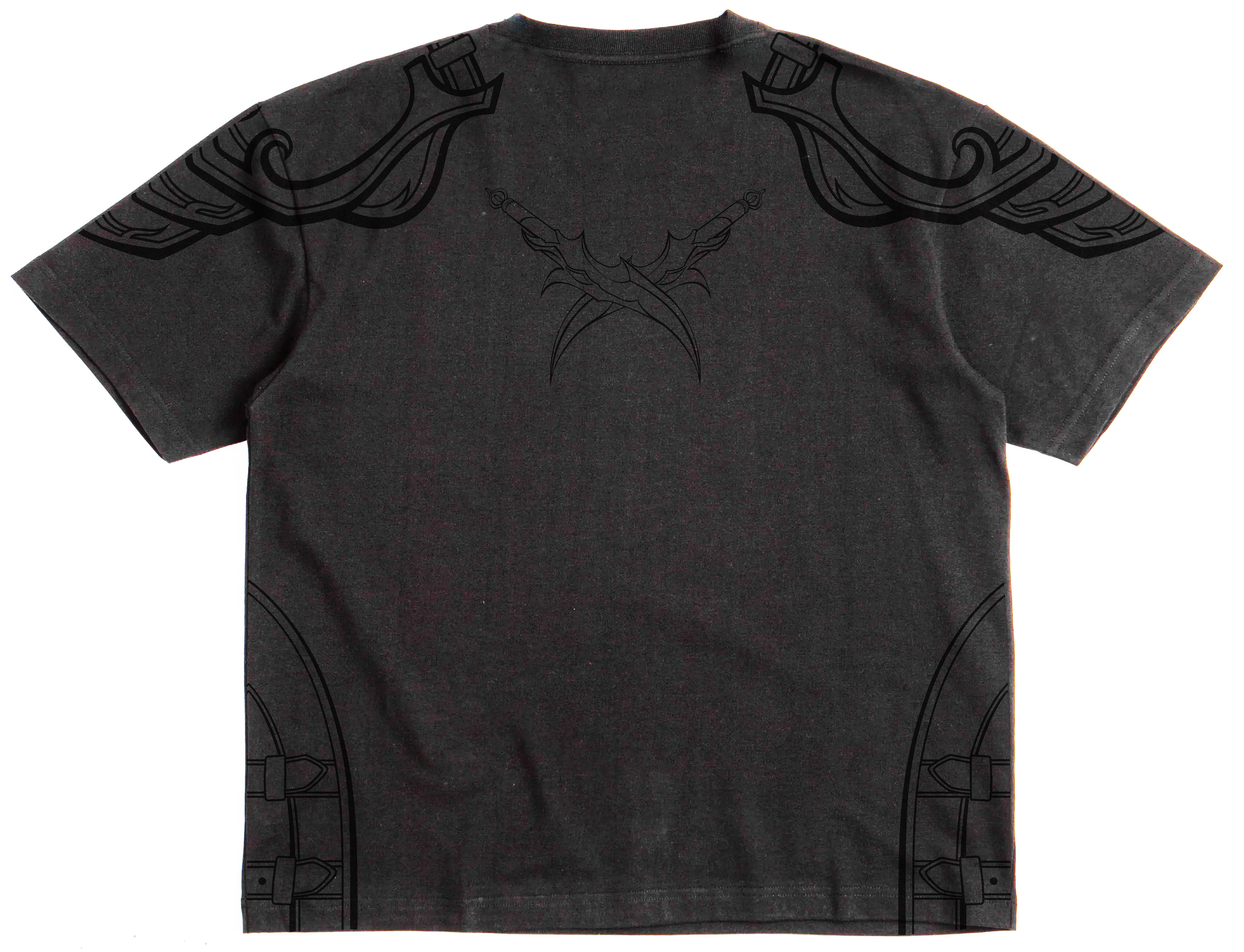 Black t-shirt with Black shoulder and sleeve embroidery and screen printing