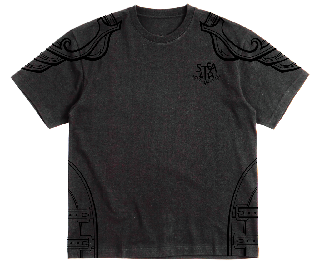 Black t-shirt with Black shoulder and sleeve embroidery and screen printing