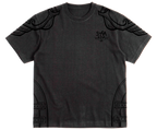 Black t-shirt with Black shoulder and sleeve embroidery and screen printing