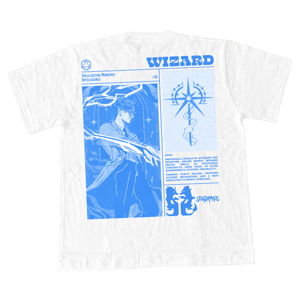 Back - White t-shirt with blue graphic design on a white background