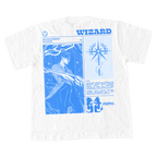 Back - White t-shirt with blue graphic design on a white background