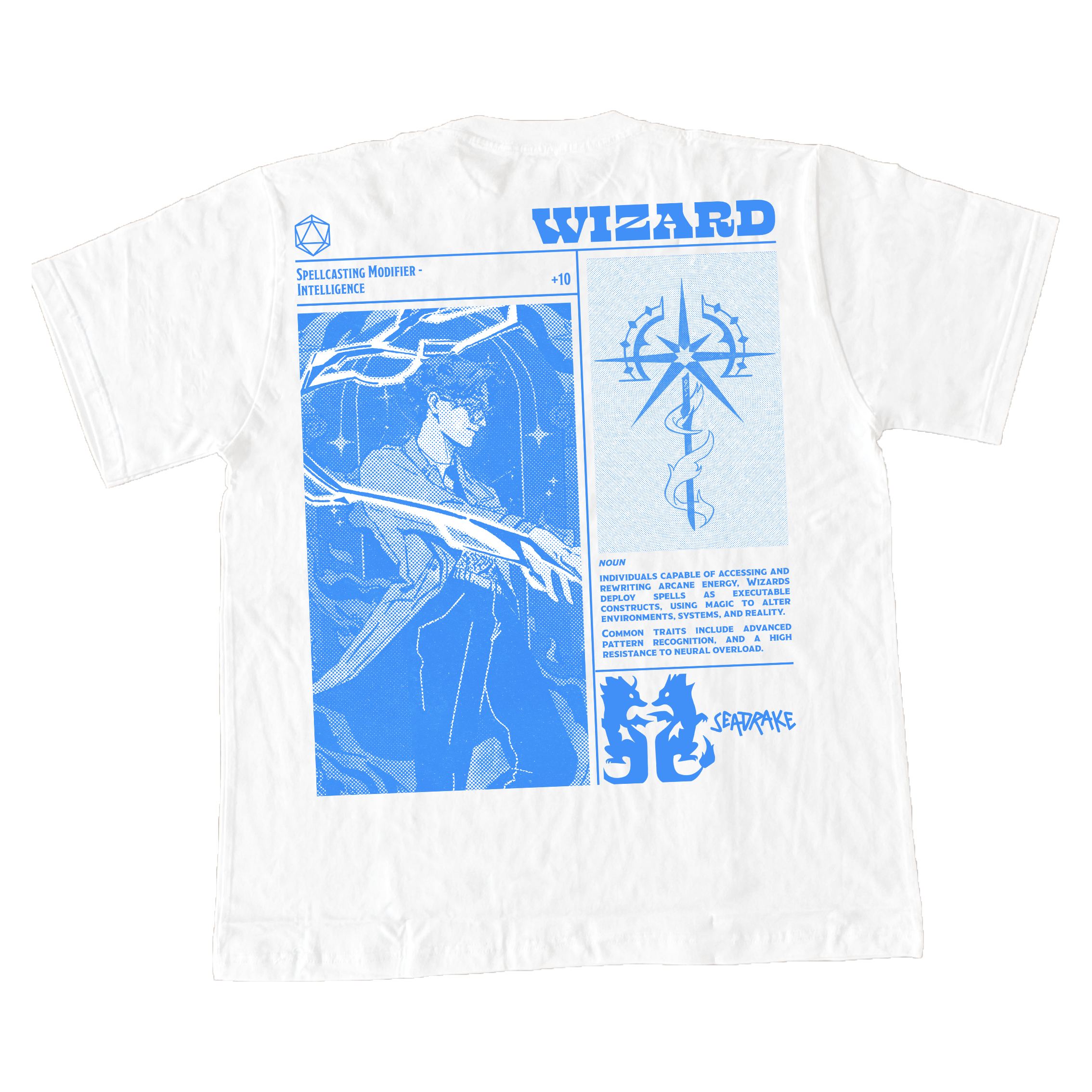 Back - White t-shirt with blue graphic design on a white background